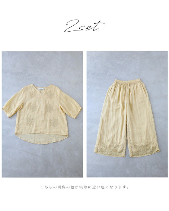日だまりイエローリネンブラウスとパンツの2点セット【set】