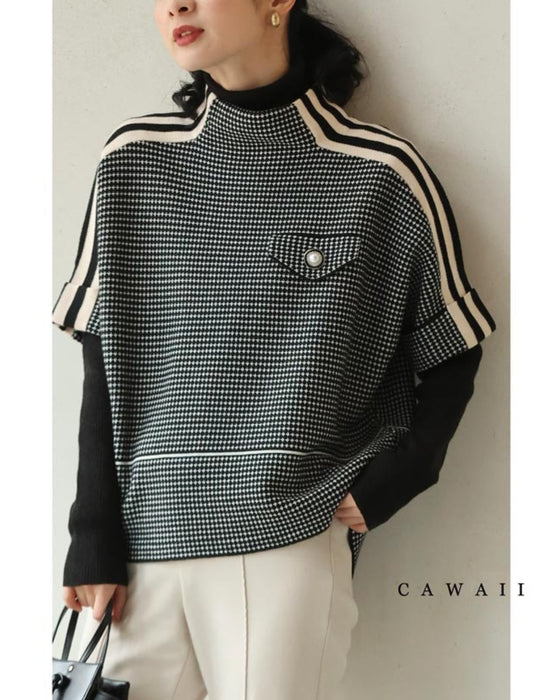 肩に流れるラインの柄ニットプルオーバートップス