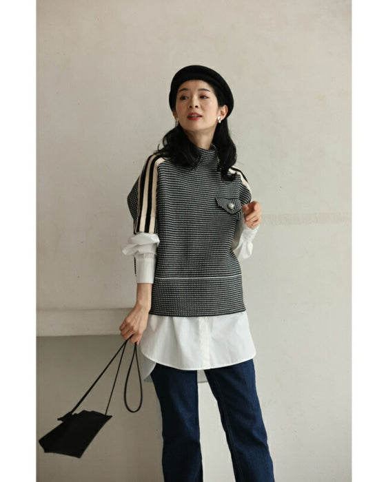 肩に流れるラインの柄ニットプルオーバートップス