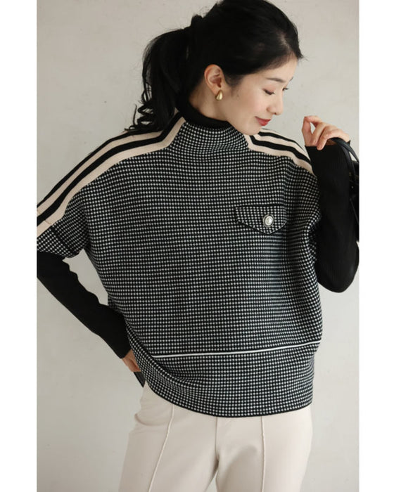 肩に流れるラインの柄ニットプルオーバートップス