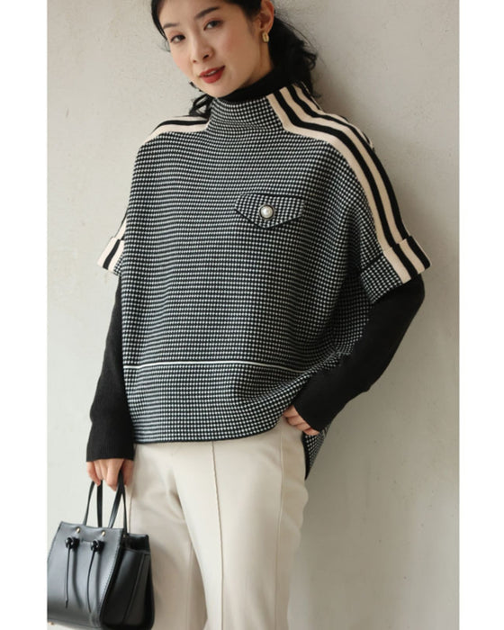 肩に流れるラインの柄ニットプルオーバートップス