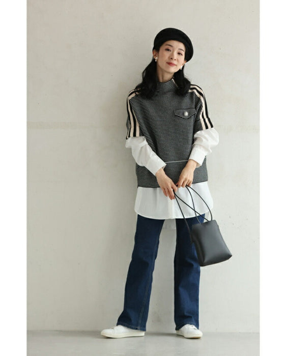 肩に流れるラインの柄ニットプルオーバートップス