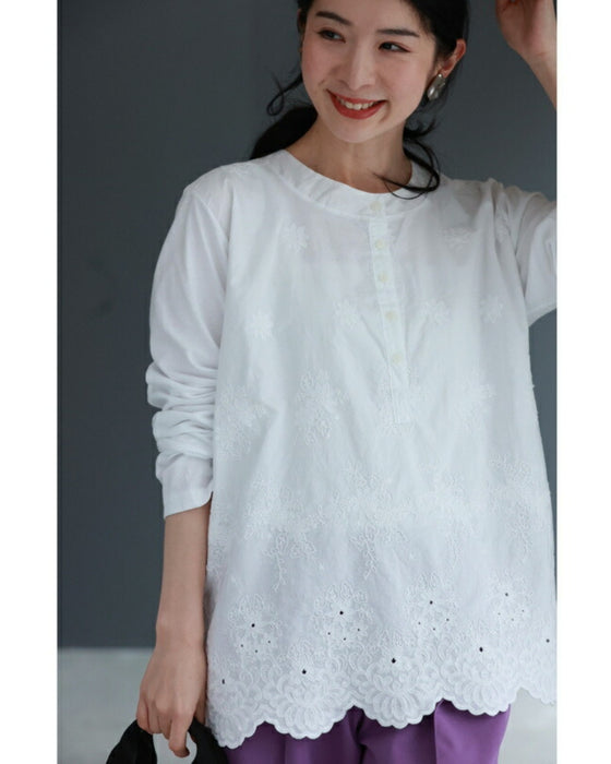 異素材合わせの白花レリーフ刺繍カットソートップス