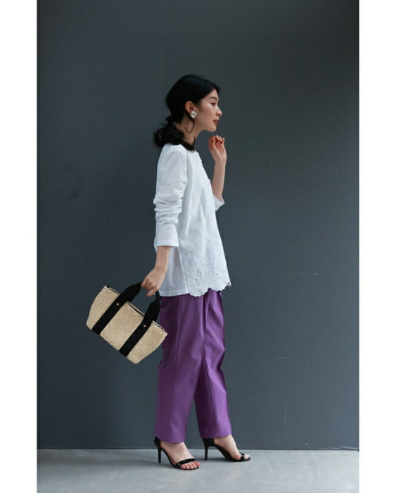 異素材合わせの白花レリーフ刺繍カットソートップス