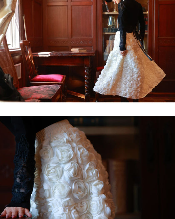 A voluminous bouquet skirt wrapped in rose flowers