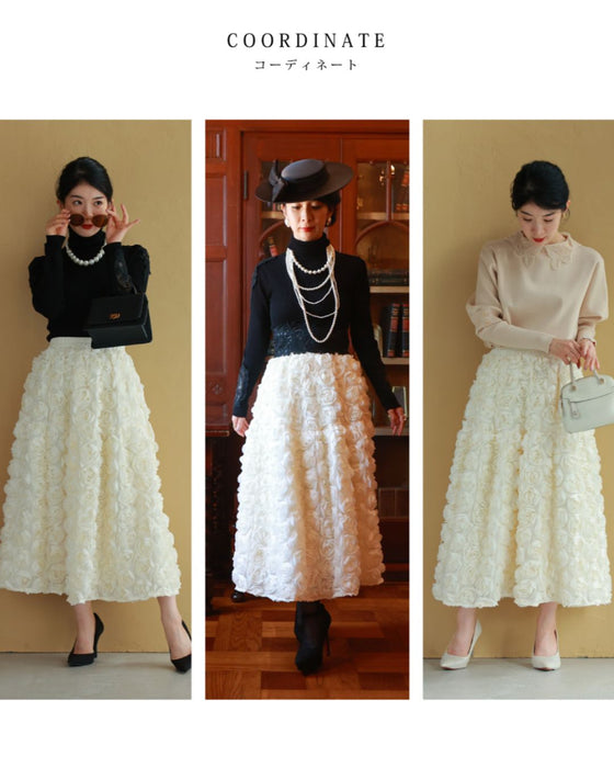 A voluminous bouquet skirt wrapped in rose flowers
