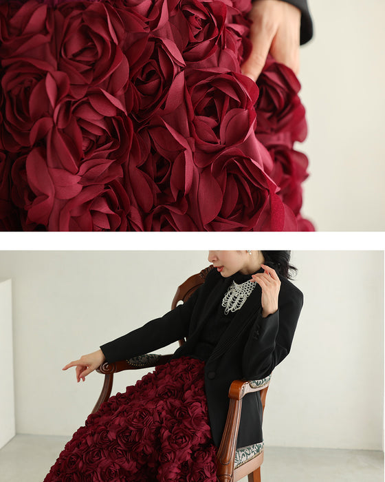A voluminous bouquet skirt wrapped in rose flowers