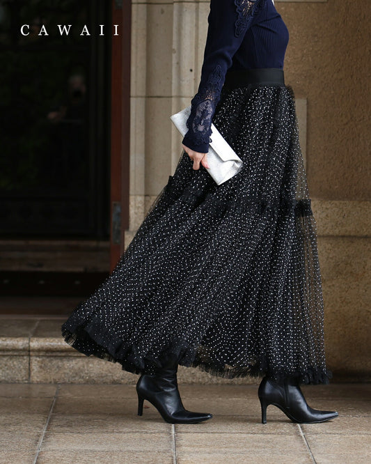 たっぷりふわふわドットチュールロングスカート