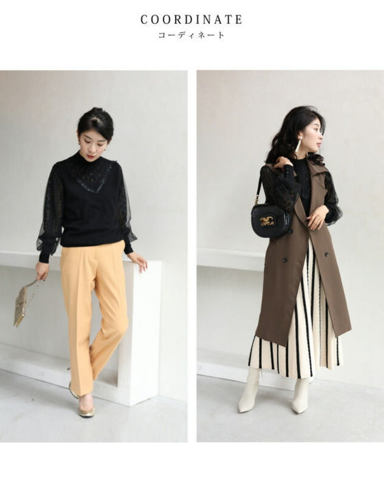 デコルテレースのベールポワン袖ニットプルオーバートップス