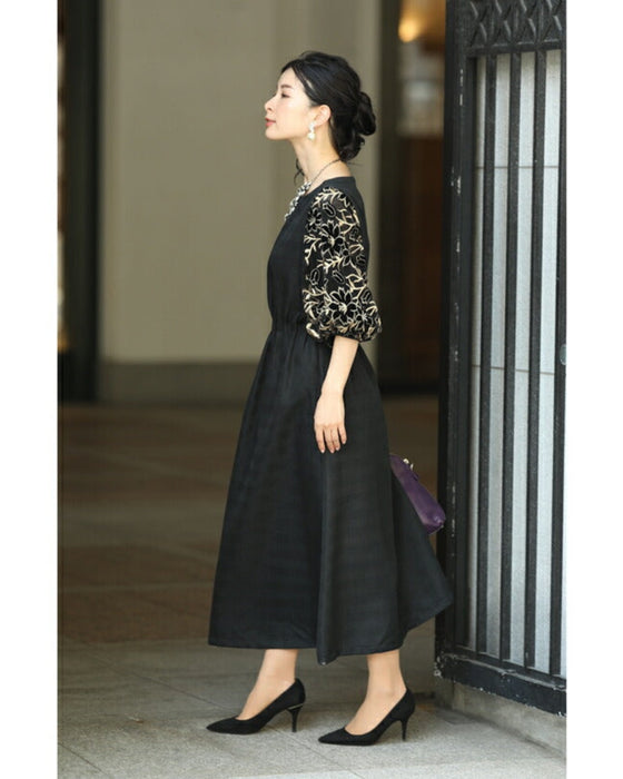 Black tuck dress with floral lace sleeves (black)