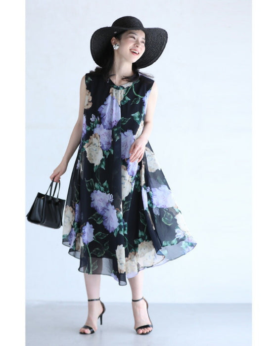 透明感溢れるシアーな花画ミニワンピース