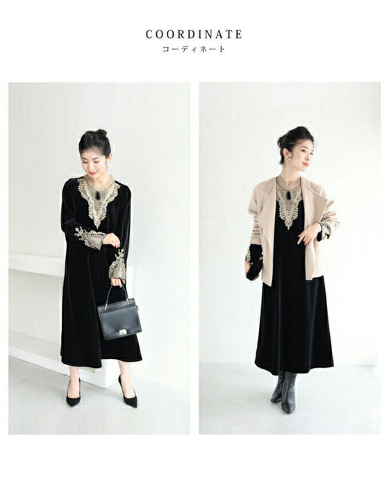 アンティークレースの艶ベロア調ミディアムワンピース