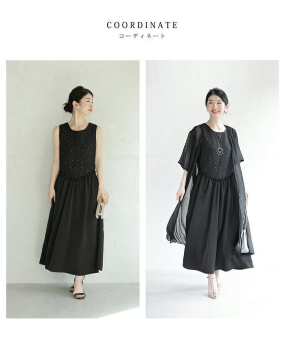 A dress with a tweed-like top and a glossy skirt, sparkling with sequins