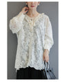 Fluffy brushed sheer blouse top with floral lace neck