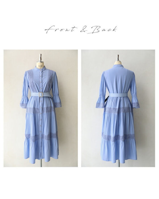 (ベルト付き) 爽やかな風感じるサークルレースのロングワンピース