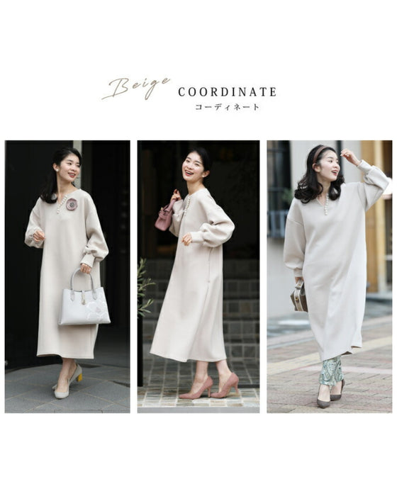 艶めくパールが流れるロングワンピース