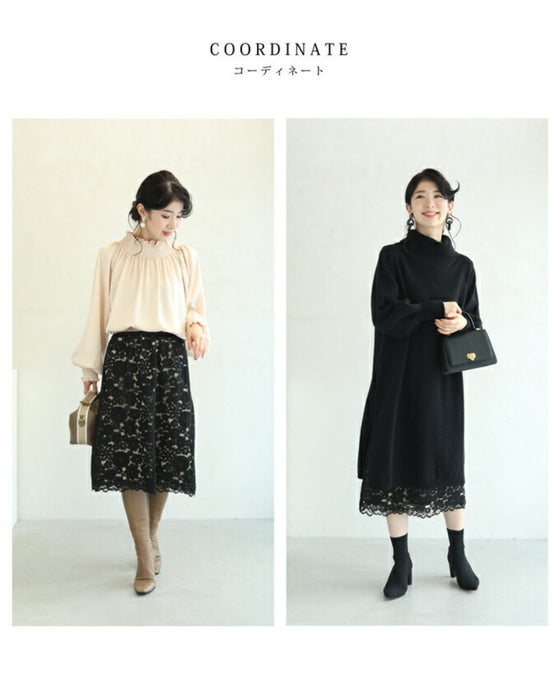【セール商品返品交換不可】浮かぶ黒花レースのミディアムスカート