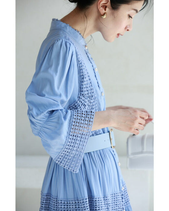 (ベルト付き) 爽やかな風感じるサークルレースのロングワンピース