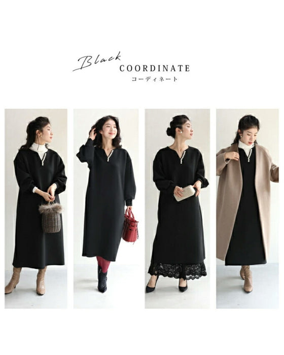 艶めくパールが流れるロングワンピース