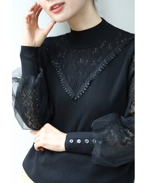 デコルテレースのベールポワン袖ニットプルオーバートップス