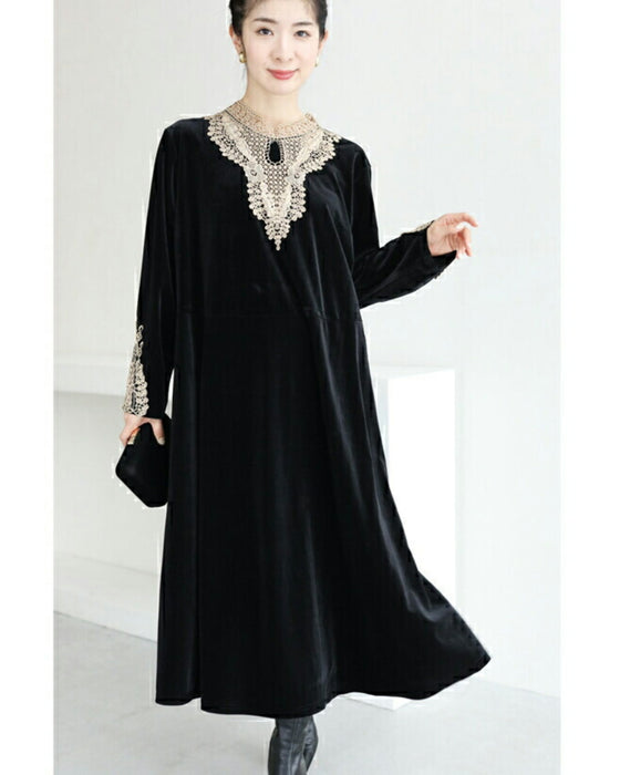 アンティークレースの艶ベロア調ミディアムワンピース