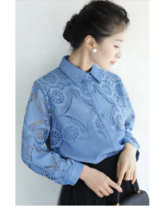美しいカットワークの花レースシャツトップス