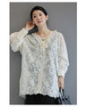 Fluffy brushed sheer blouse top with floral lace neck