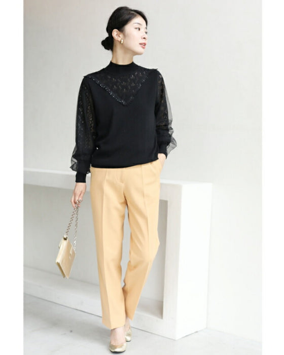 デコルテレースのベールポワン袖ニットプルオーバートップス