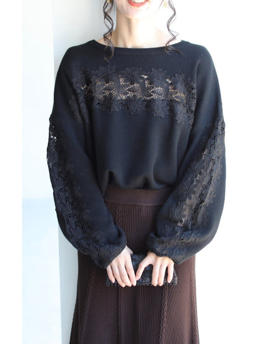 袖と胸元に咲き誇る花レースニットトップス