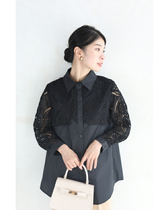 美しいカットワークの花レースシャツトップス