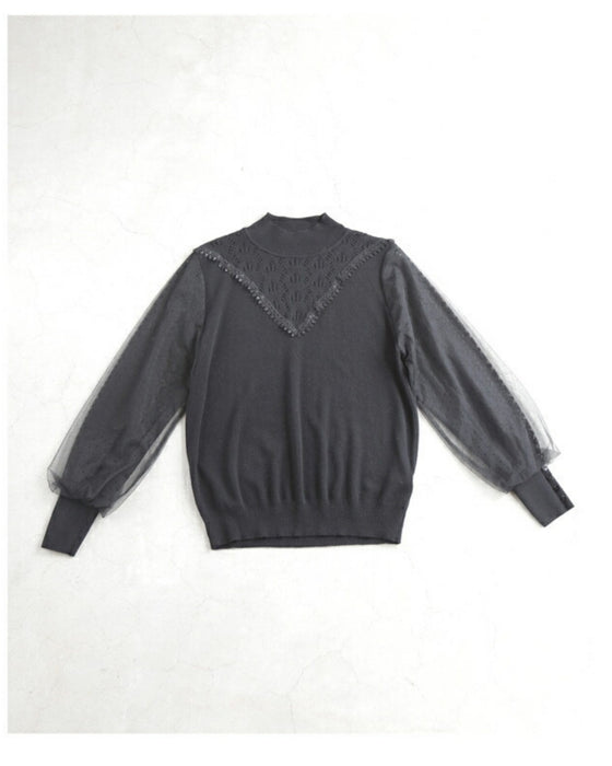 デコルテレースのベールポワン袖ニットプルオーバートップス