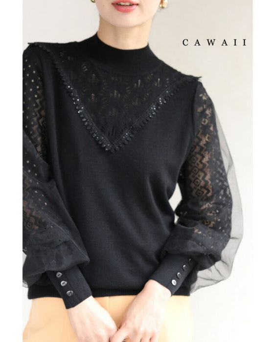 デコルテレースのベールポワン袖ニットプルオーバートップス