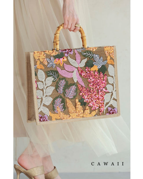 Square tote bag with sparkling sequin flowers
