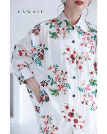  Antique-style jewel button flower embroidered shirt top