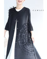 Pleated long cardigan with sheer petal decoration