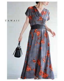  Grayish color floral ribbon long dress