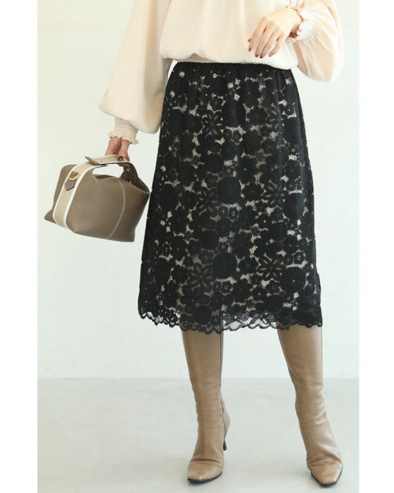 【セール商品返品交換不可】浮かぶ黒花レースのミディアムスカート