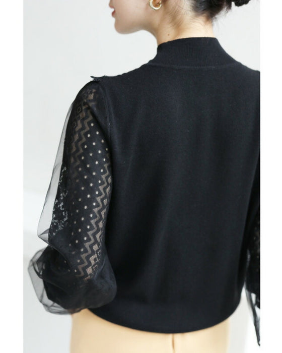 デコルテレースのベールポワン袖ニットプルオーバートップス