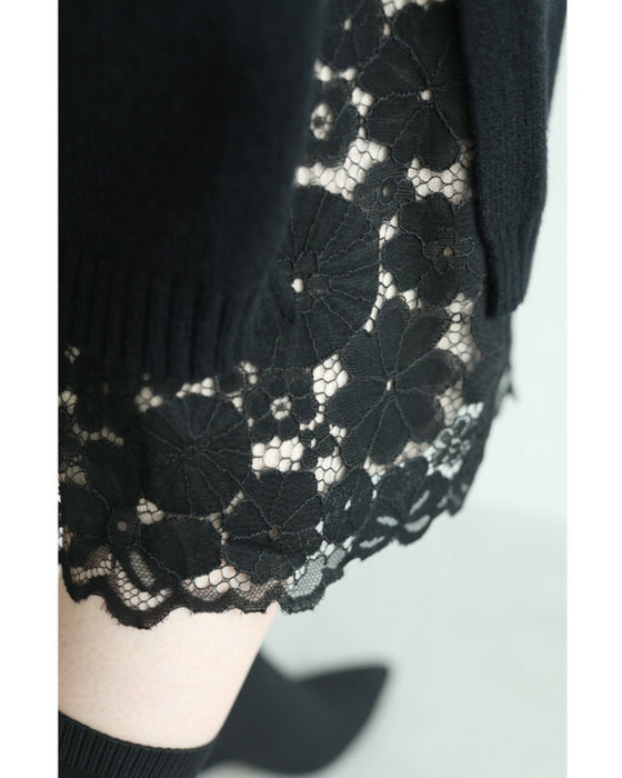 【セール商品返品交換不可】浮かぶ黒花レースのミディアムスカート
