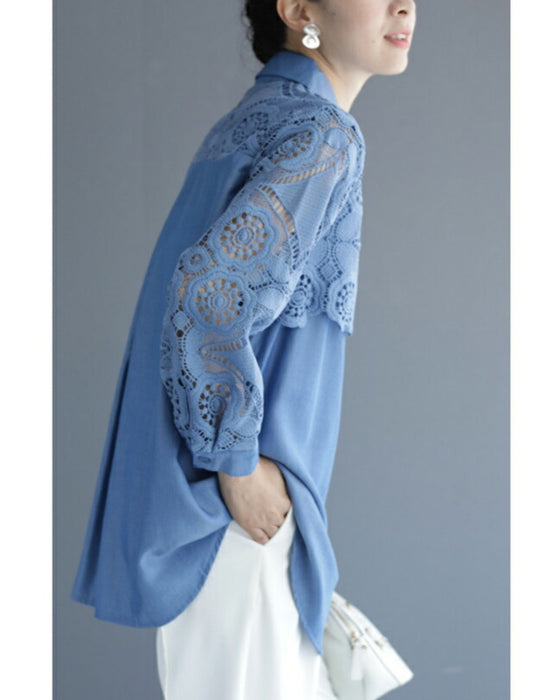 美しいカットワークの花レースシャツトップス