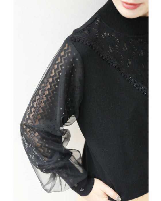 デコルテレースのベールポワン袖ニットプルオーバートップス