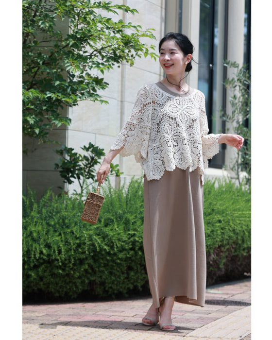 A two-piece set of a crochet top and a knit dress that will keep you cool and beautiful this summer