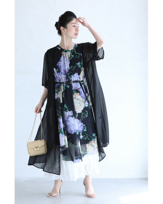 透明感溢れるシアーな花画ミニワンピース