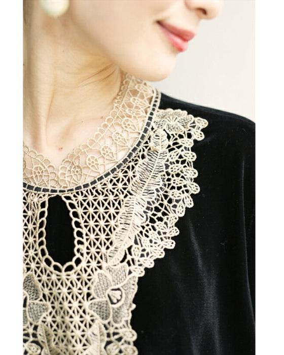 アンティークレースの艶ベロア調ミディアムワンピース