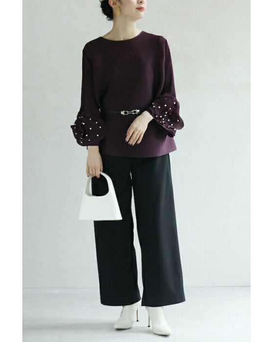 パールを纏う花袖のプリーツプルオーバートップス