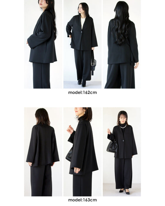 A beautiful stretch collarless jacket that won't tire you out
