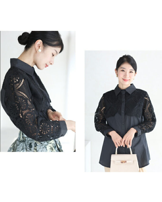 美しいカットワークの花レースシャツトップス