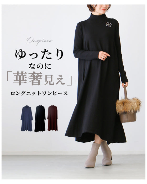 A loose, slender-looking long knit dress
