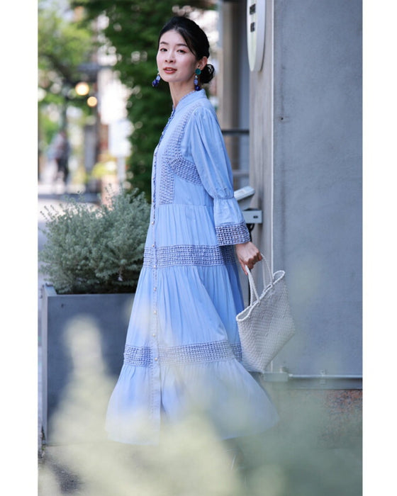 (ベルト付き) 爽やかな風感じるサークルレースのロングワンピース