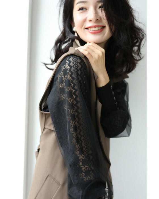 デコルテレースのベールポワン袖ニットプルオーバートップス